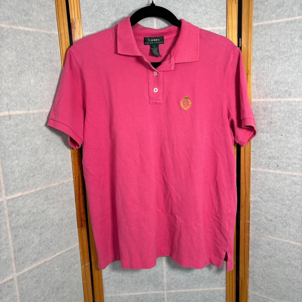 Lauren Ralph Lauren Pink Short Sleeve Polo Shirt Crest‎ Logo Size L Y2K Vintage